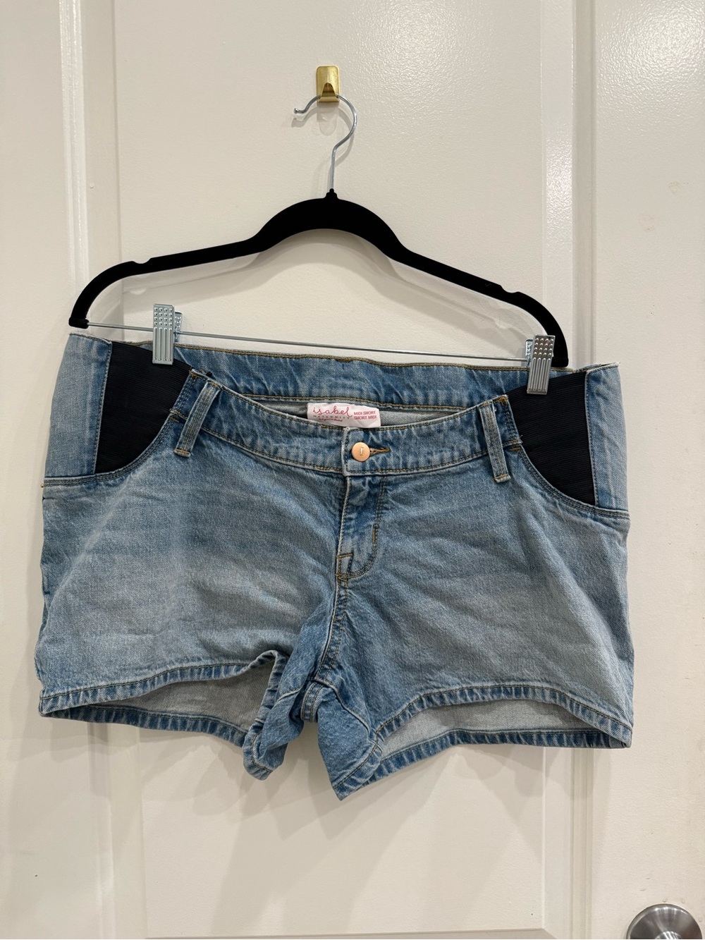 Light Blue Denim Shorts with Black Side Panels - Maternity Style